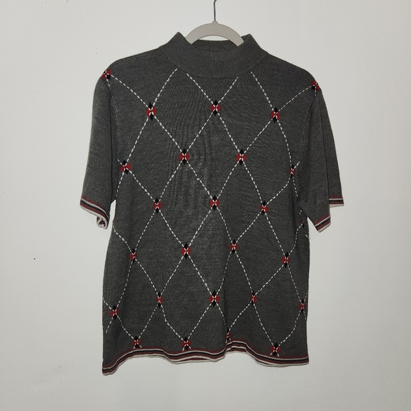 Sag Harbor Women’s Large Short Sleeve Argyle Mock Neck Sweater Gray Red Preppy - Picture 1 of 7